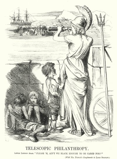 Punch tecknad serie: Telescopic Philanthropy - viktorianska medelklassens upptagenhet med hjälp för de fattiga utomlands, ganska solbrända hemma (gravyr) av John (after) Tenniel