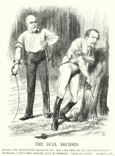 Punch tecknad: The Duel Decided - Frankrikes nederlag i det fransk-preussiska kriget (gravyr) av John (after) Tenniel