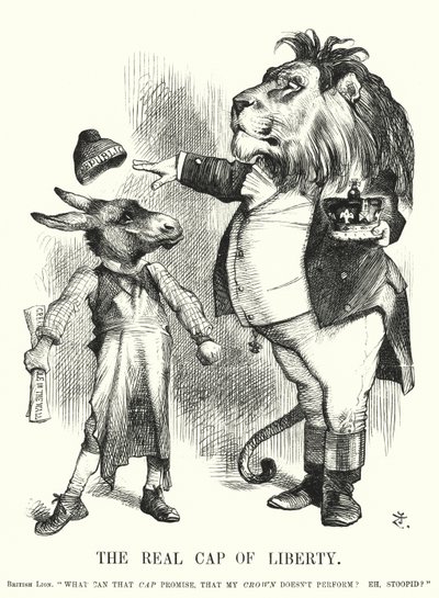 Punch-tecknad serie: The Real Cap of Liberty - Storbritanniens konstitutionella monarkis överlägsenhet över republikanismen (gravyr) av John (after) Tenniel