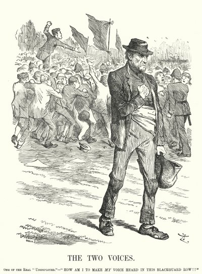 Punch-tecknad film: The Two Voices - arbetslöshet och social oro i det viktorianska Storbritannien (gravyr) av John (after) Tenniel