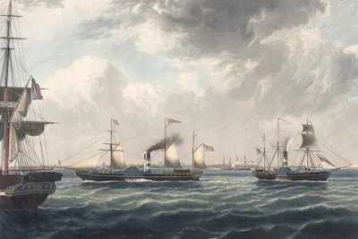 Ångfartygen "Vivid" och "Waterwitch" utanför Orfordness, graverat av R. G. Reeve (färgad akvatint) av John (after) Ward