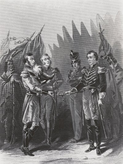 Den amerikanske generalen William Hulls kapitulation till brittiska trupper och indiankrigare i Detroit, 15 juli av Walter Charles Mills