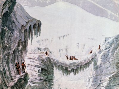 Klättring Mont Blanc, klättrare suspenderade från springa, akvarell, Frankrike av Walter Charles Mills