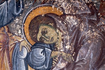 Helgonfigur, av Ioannis Pagomenos, detalj av fresk i den bysantinska kyrkan St George, Anidri, Kreta, Grekland (foto) av Walter Charles Mills