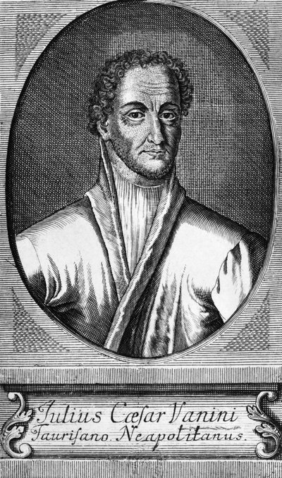 Porträtt av Lucilio Vanini, känd som Giulio Cesare Vanini (1585-1619), italiensk filosof, läkare och fritänkare som var en av de första betydande företrädarna för intellektuell libertinism, gravyr av Walter Charles Mills