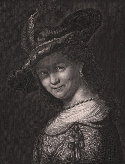 Porträtt av Saskia van Uylenburgh (1612-1642), Rembrandts hustru, gravyr av L Raab från målning av Rembrandt, från Paynes Royal Dresden Gallery, av Albert Henry Payne, H Payne Dresden och Leipzig Publisher, cirka 1840 av Walter Charles Mills