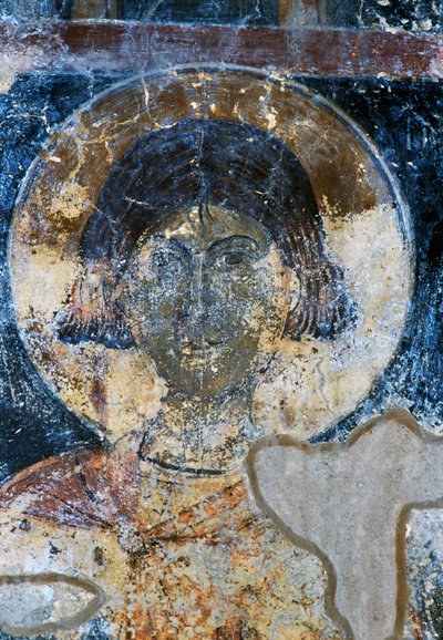 Saint, fresk av Ioannis Pagomenos i St Nicholas Chapel, Maza, Kreta, Grekland (foto) av Walter Charles Mills