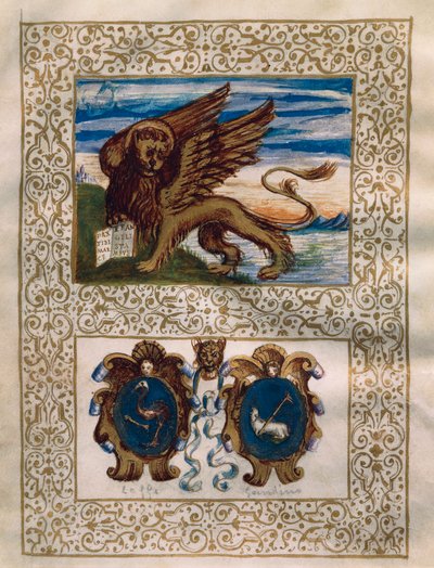 Det bevingade lejonet i Venedig och Leffe och Gandinos vapen, miniatyr från Privilegio della Serenissima alla Val Gandino, 18 juni av Walter Charles Mills