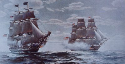 USS Constitution och HMS Java (färg litho) av Walter Charles Mills