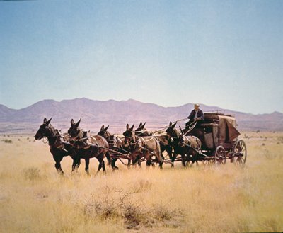 Western Stagecoach dras av ett lag med sex mulor (foto) av Walter Charles Mills