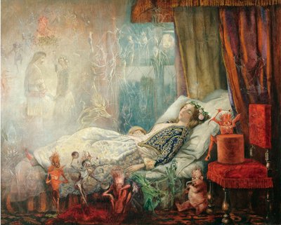 ""Le reve apres le bal masque"" (Drömmen efter maskbalen) Peinture de John Anster Fitzgerald (1832-1906), - Olja på duk, 35,5x44,5 - Privat samling av John Anster Fitzgerald