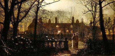 Månbelyst scen med två figurer (olja på panel) av John Atkinson Grimshaw