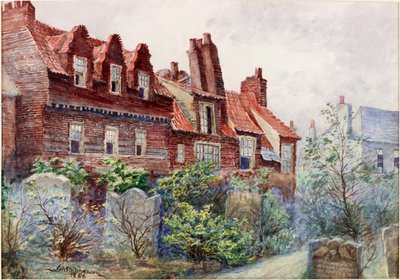 Husen på Silver Street från All Saints Churchyard, Newcastle upon Tyne, 1886, bodycolour, penna och wc på papper av John Atlantic Stephenson