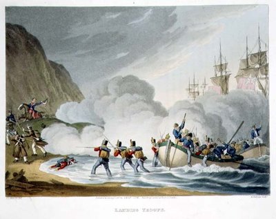 Landstigningstrupper, graverade av Matthew Dubourg (fl.1813-20) från "Historiska, militära och sjöanekdoter", pub. av Edward Orme (1774-c.1820) 1817 (akvatint) av John Augustus (after) Atkinson