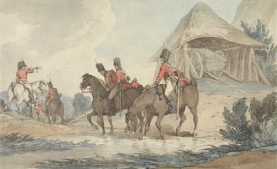 Kavallerimän som passerar genom en ström, samlas av en trumpetare av John Augustus Atkinson