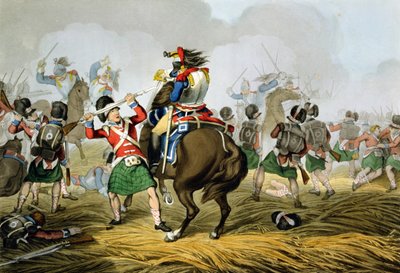 Franska Cuirassiers i slaget vid Waterloo, anklagade och besegrade av Highlanders och Scots Greys, graverade av Matthew Dubourg (fl.1813-20) från "Historiska, militära och sjöanekdoter", pub. Hejdå av John Augustus Atkinson