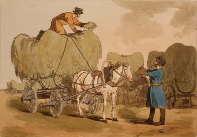 Hay Carts, tallrik 60 från volym II av "Ryssarnas seder, seder och nöjen", etsat av konstnären, pub. 1804 (akvatint) av John Augustus Atkinson