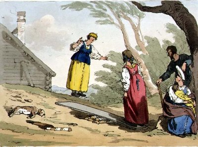 Hoppa på ett bräde, skylt 54 från volym II av "Ryssarnas seder, seder och nöjen", etsat av konstnären, pub. 1804 (akvatint) av John Augustus Atkinson