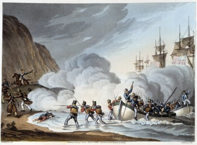 Landsättning av trupper, tidigt 1800-tal i ""historiska, militära och sjöanekdoter..." av Edward Orne av John Augustus Atkinson