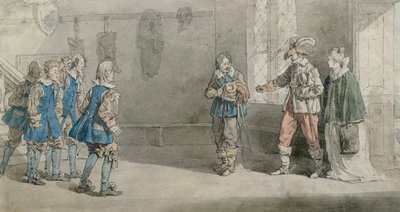 Petruchio, Katarina och tjänare i en scen från 