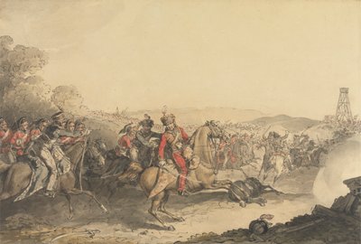 Markisen av Anglesey sårad medan han ledde en laddning av tungt kavalleri vid slutet av slaget vid Waterloo av John Augustus Atkinson