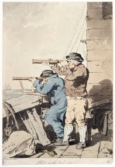Två piloter på spaning, med varsitt teleskop (lång sikt), riktade mot havet, från plattformen på en befäst byggnad av John Augustus Atkinson