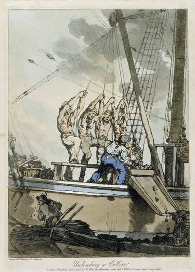 Lossning av kol från en last- och ångbåt av John Augustus Atkinson