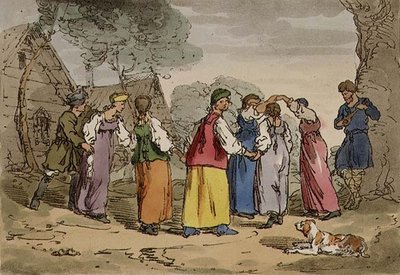 Village Amusements, skylt 82 från volym III av "Ryssarnas seder, seder och nöjen", graverad av konstnären, pub. 1804 (akvatint) av John Augustus Atkinson