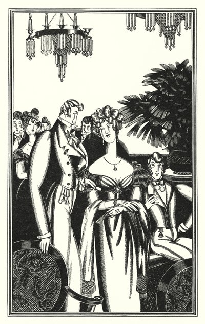 Illustration för Don Juan av Lord Byron: Juan togs emot i det bästa samhället (litho) av John Austen