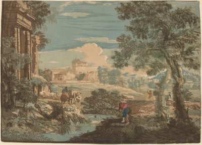Heroiskt landskap med fiskare, kor och ryttare av John Baptist Jackson after Marco Ricci