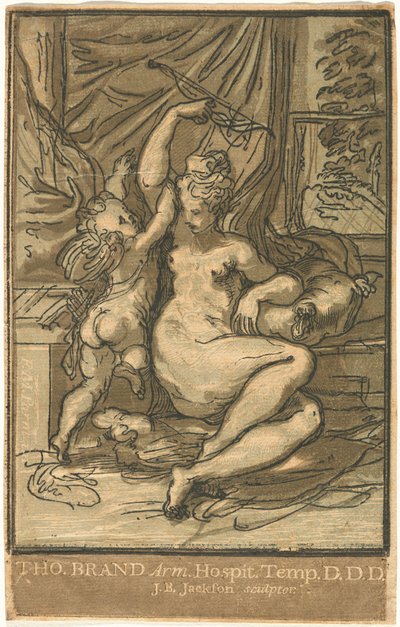 Venus och Amor med en pilbåge av John Baptist Jackson, after Parmigianino