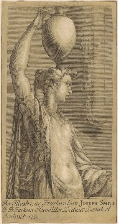 Kvinna som står med en burk på huvudet av John Baptist Jackson, after Parmigianino