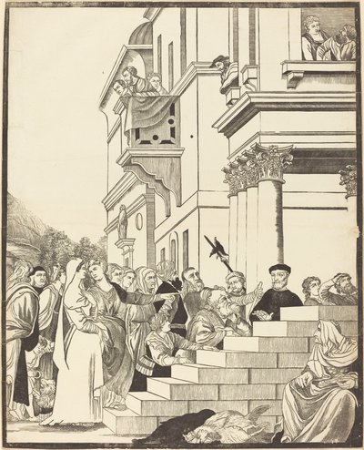 Presentation av jungfrun i templet [mittplattan] av John Baptist Jackson after Titian