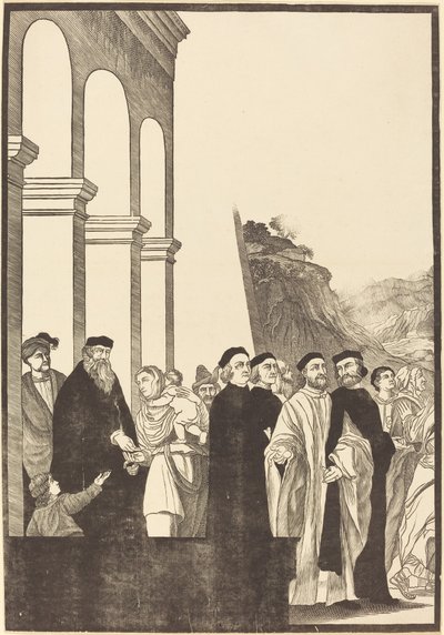 Presentation av jungfrun i templet [vänster skylt] av John Baptist Jackson after Titian