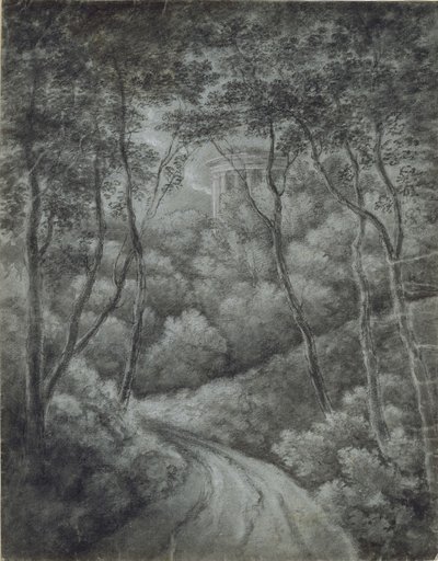 Landskap med en väg genom en skog och ett klassiskt tempel (mjuk grafit och vit krita på blått papper) av John Baptist Malchair