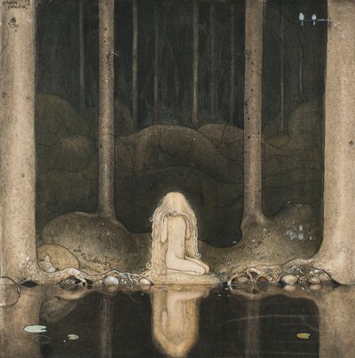Prinsessan Tuvstarr sitter fortfarande längtansfullt och tittar ut i vattnet, 1913 av John Bauer