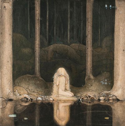 Prinsessan Tuvstarr tittar på sjöns vatten med nostalgi av John Bauer