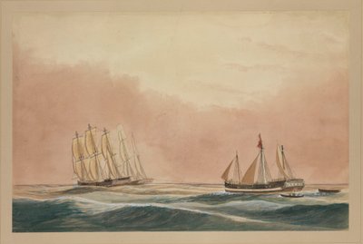 Fartyget "Futty Satam" bogseras till Mauritius av barken "Otter" och fartyget "City of Poona" 1851, ca 1851 (akvarell) av John Becket Hodgson
