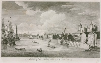 En vy av Tower of London från floden Themsen. av John Boydell