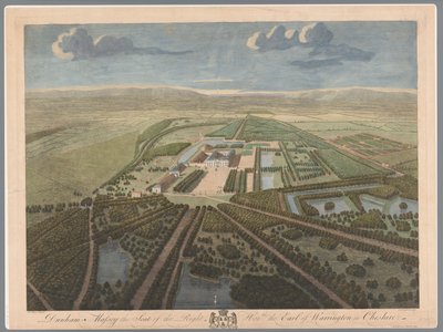 Utsikt över Dunham Massey i Cheshire Dunham Massey, högerns säte Hon:ble Earl of Warrington i Cheshire (titel på objektet) av John Boydell