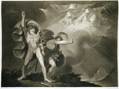 Macbeth, Banquo och de tre häxorna på heden i akt I, scen III av Macbeth av William Shakespeare (1564-1616) publicerad 1805 av John Boydell