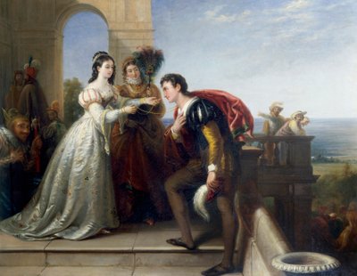 "Rosalinde et Orlando" Personnages de la piece de théâtre "Comme il vous plaira" de William Shakespeare. (Rosalind och Orlando, från Shakespeares "Som ni vill ha det") Peinture de John Bridges (1818-1854) Collection privee av John Bridges