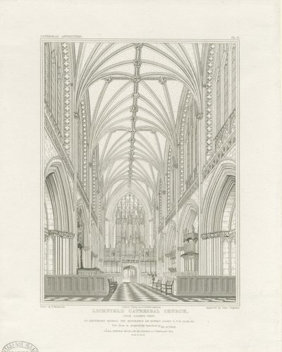 Interiör av Lichfield Cathedral - Kör: gravyr, nd [c 1820] (tryck) av John Britton