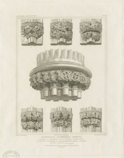 Interiör av Lichfield Cathedral - Klusterpelare i Chapter House och konsoler i Lady Chapel: gravyr, nd [c 1819] (tryck) av John Britton