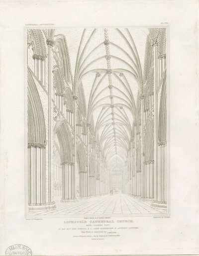 Interiör av Lichfield Cathedral - Nave: gravyr, och [c 1819] (tryck) av John Britton