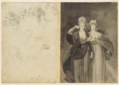 Sketches of Heads verso, vänster, Two Women verso, höger, ca. 1770-1775. av John Brown