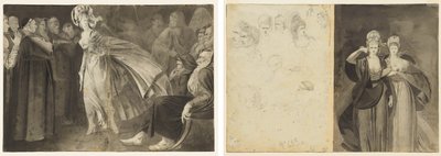 Kvinna som står bland munkarna (recto) Skisser av huvuden (verso, vänster); Två kvinnor (terso, höger) av John Brown