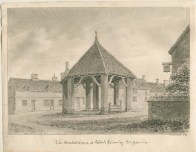 Abbots Bromley - Market House and Stocks: sepiateckning, 1839 av John Buckler