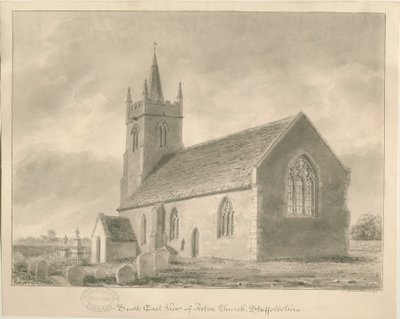Acton Trussell Church: sepiateckning, 1841 av John Buckler