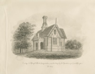 Blithfield - "Lodge at Bagot Park": sepiateckning av John Buckler